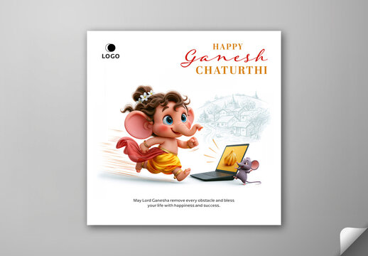 Editable Happy Ganesh Chaturthi Social Media Greeting Post Template with 3D Cute Baby Lord Ganesha Running Towards a Laptop Showing Modak and Little Mouse on White Background.