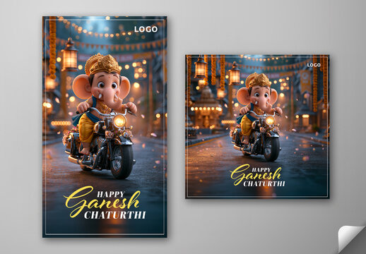 Editable Happy Ganesh Chaturthi Social Media Greeting Post and Story Template Design with 3D Cute Baby Lord Ganesha Riding a Motorcycle at Street and Festive Blurred Background.