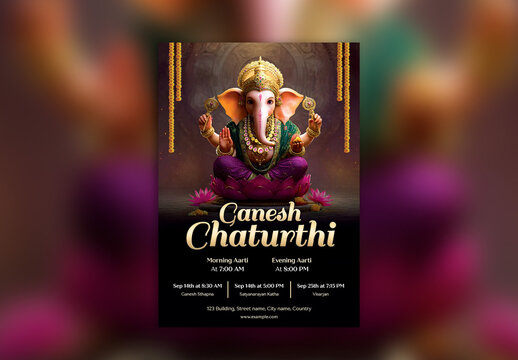 Editable Happy Ganesh Chaturthi Festival Invitation Poster Template with Lord Ganesha Idol on Pink Lotus Flower and Event Schedule from Ganesh Sthapna to Visarjan.