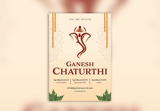 Editable Happy Ganesh Chaturthi Festival Invitation Poster Template with Linear Style Lord Ganesha Face and Event Schedule from Ganesh Sthapna to Visarjan on Pastel Beige Background.