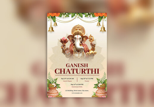 Editable Happy Ganesh Chaturthi Festival Invitation Poster Template with Divine Lord Ganesha Idol, Festive Decorations and Event Schedule from Ganesh Sthapna to Visarjan on Elegant Beige Background.