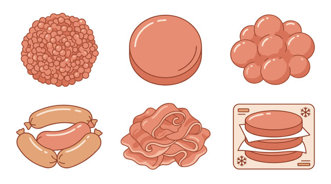 Set of assorted raw meat products including minced beef, sausage links, sliced bacon, and burger patties, culinary ingredients for menu design