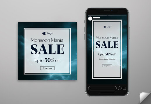 Editable Monsoon Mania Sale Social Media Post and Story Template Design with Up to 50 Percent Off and Dark Stormy Clouds Background.