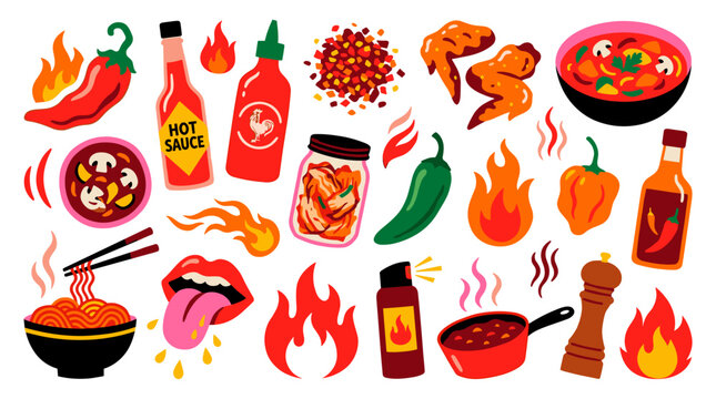 Set of spicy food icons with hot sauce, chili peppers, fire flames, and ramen noodles, perfect for restaurant menu design and culinary stickers