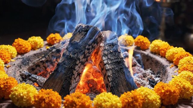Sacred Havan Fire Burning with Blue Smoke and Marigolds. 4K Video