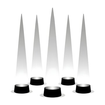 3D stage spotlight beams pointing upwards on white background