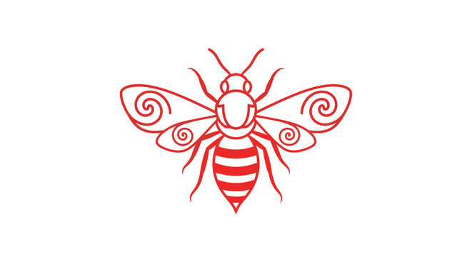 Symmetrical red line art bee logo with decorative wings.
