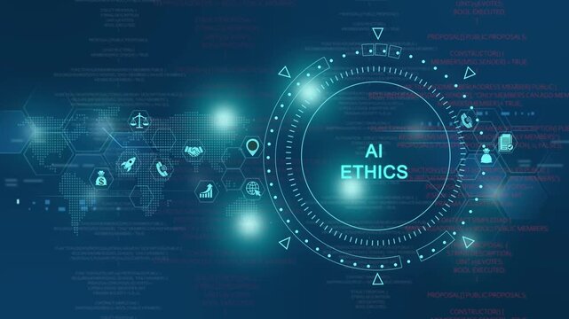Ai ethics and digital governance concept: futuristic hud interface with global data network and code overlay