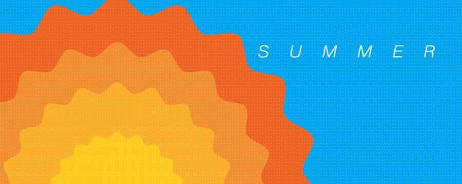 Horizontal summer-themed abstract minimalist poster, cover, banner, card with bright sun in a blue sky. Illustration of summer vacation, travel, and tourism. eps 10