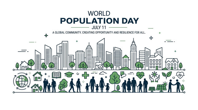 World Population Day Celebration with Diverse Community and Urban Landscape.