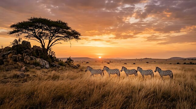 Zebras in savannah at sunset with acacia tree and rocky outcrop