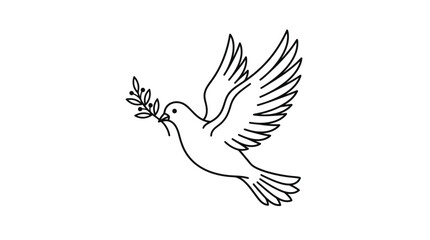 Fototapeta premium Minimalist line art illustration of a flying dove carrying an olive branch.