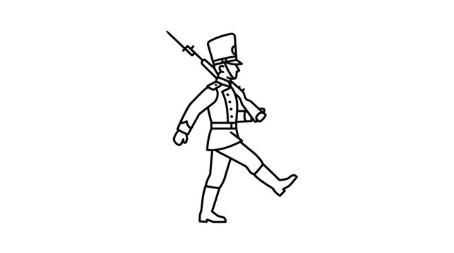 A line art illustration of a soldier marching with a rifle.