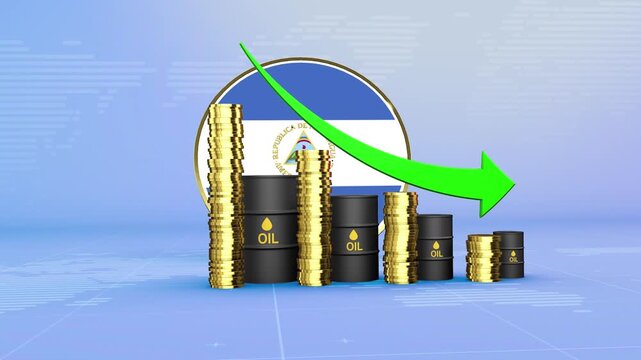 Nicaragua Oil Prices Decline with Oil Barrels, Gold Coins and Downward Green Arrow, 3D Economic and Financial Market Concept