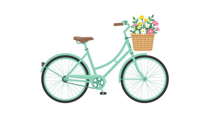 Fototapeta premium Vintage Style Mint Green Bicycle with Colorful Flowers in Wicker Basket Isolated on White Background