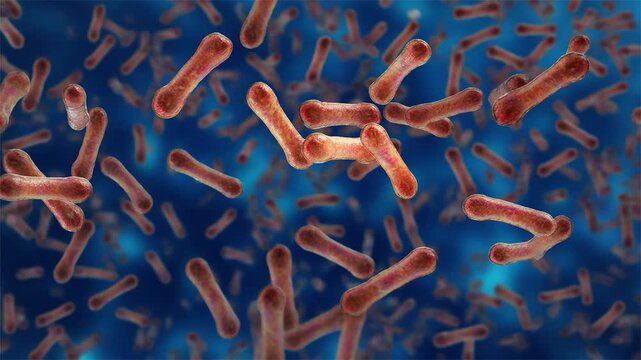 Corynebacterium diphtheriae, 3D animation showing club shaped bacteria with thickened ends in characteristic angular palisade arrangements.