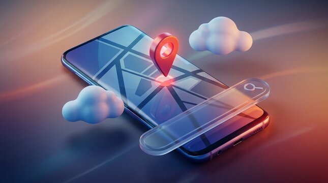 3D render of a smartphone displaying a map with a prominent red location pin and a search bar, surrounded by stylized clouds, illustrating digital navigation and location services.