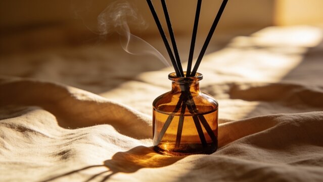 Luxury amber glass aromatherapy diffuser on soft fabric with diffuser, fragrance
