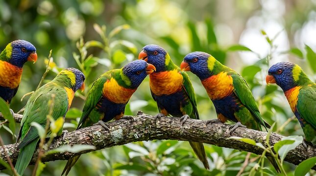 Rainbow lorikeets perched on a tree branch in a lush forest