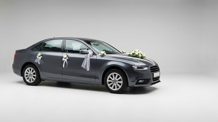 Fototapeta premium Modern grey wedding car decorated with white roses and ribbons. Elegant floral arrangements on a luxury sedan. Studio shot on white background