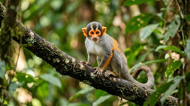 Cute Orange-Faced Monkey Sitting on a Mossy Tree Branch in Forest
