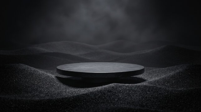 Sleek black stone pedestal among dark sand dunes under a misty sky. Dramatic low lighting creates a premium feel. Ideal for luxury product showcases or high-end tech advertisements.