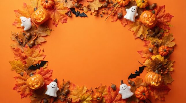 Halloween wreath with pumpkins and ghosts on orange background