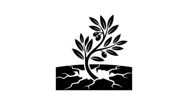 A black and white graphic illustration of a small olive tree growing from cracked dry earth.