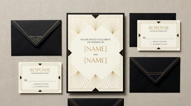 Art Deco wedding invitation suite flat lay. Elegant black and cream stationery with gold geometric lines. Vintage 1920s style paper mockup top view