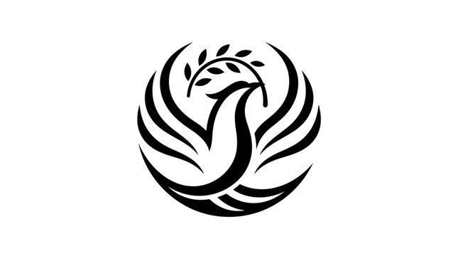 Minimalist black and white phoenix logo design with olive branch.