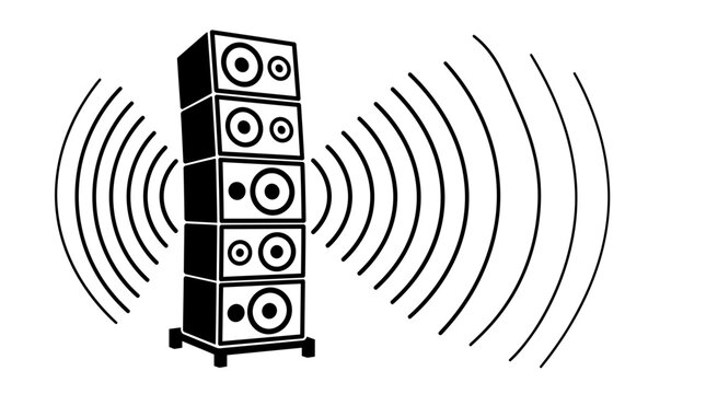 A black and white line art illustration of a tall stack of audio speakers emitting sound waves.