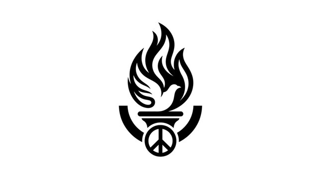 A minimalist black and white graphic design featuring a dove rising from a torch with a peace symbol.