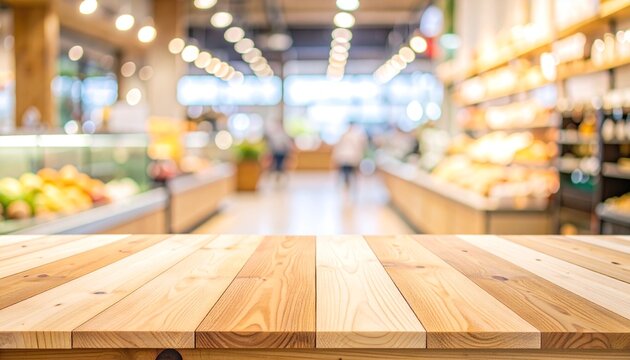 Grocery Store Interior with Wooden Countertop: A well-lit grocery store interior with aisles of fresh produce and shelves stocked with goods.
