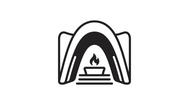 Minimalist icon featuring an arched structure with a central flame and steps.