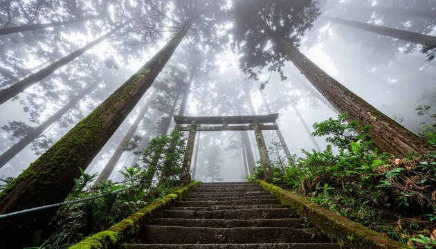 Sacred Ascent: Ancient stone steps lead to a serene wooden torii gate, shrouded in mist amidst towering trees in a mystical forest, evoking a sense of spiritual journey and natural grandeur.