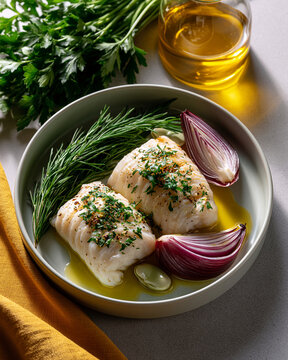 Early Mediterranean dinner with white fish herbs and olive oil highlighting circadian nutrition sleep wake balance and evening wellness
