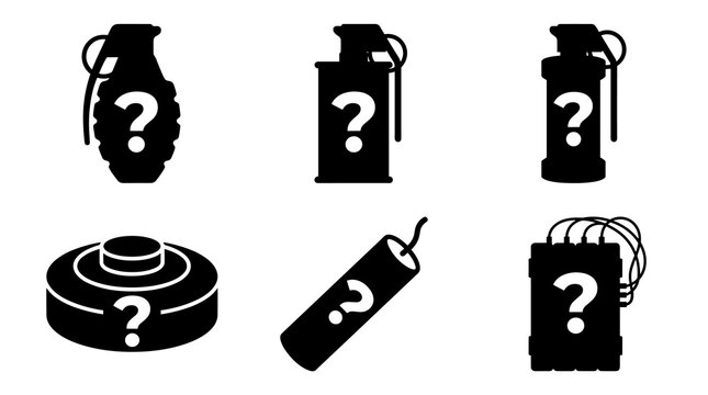 Set of isolated black explosive devices with question marks, including grenades, landmine, and dynamite, representing unknown danger and security