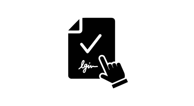 A hand clicks to sign a document with a checkmark on it.
