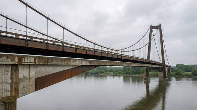Suspension bridge with hanging cables over a wide river. Rusty steel structure and concrete pillars. Industrial engineering and transportation infrastructure