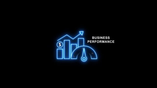 Business performance neon animation with growth chart and speedometer gauge