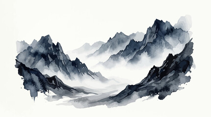 Fototapeta premium Misty Mountains Landscape, Ink Wash Painting, Traditional Asian Art Style, Serene Scenery
