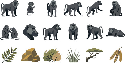 Detailed flat vector illustration set depicting the baboon monkey in various poses with African savanna elements © MDSHAJAHAN