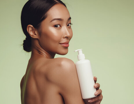 Radiant Asian Woman Holding Skincare Bottle Against a Soft Green Setting
