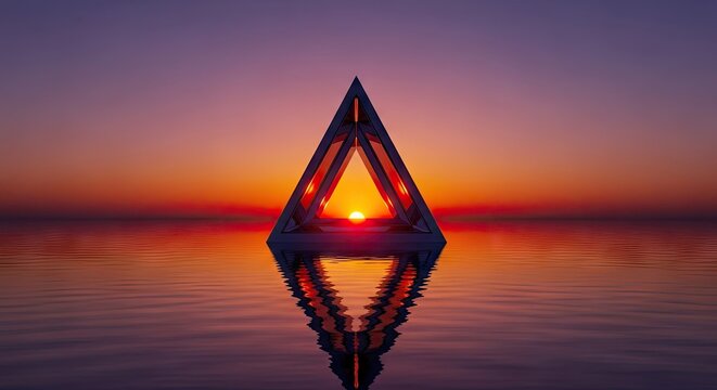 Glowing triangular frame reflecting on sunset sea.