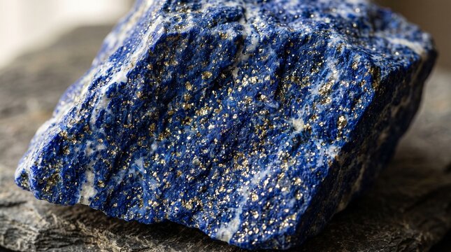 Close up of a raw azurite mineral stone with deep blue crystals and metallic texture details