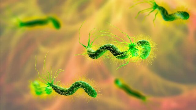 Helicobacter pylori bacteria, 3D animation showing curved, spiral-shaped rods with terminal bundles of fine flagella, demonstrating characteristic morphology for gastric colonisation.
