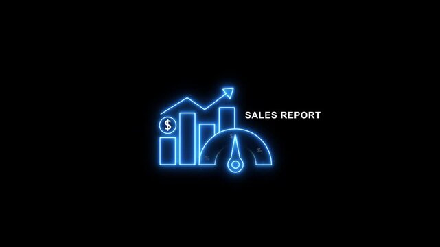 Neon sales report dashboard animation with rising bar chart and speedometer gauge for business data analysis and financial growth presentation