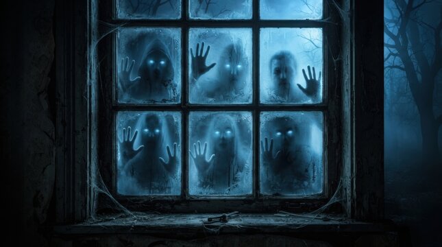 Halloween ghostly faces on a window with halloween decorations