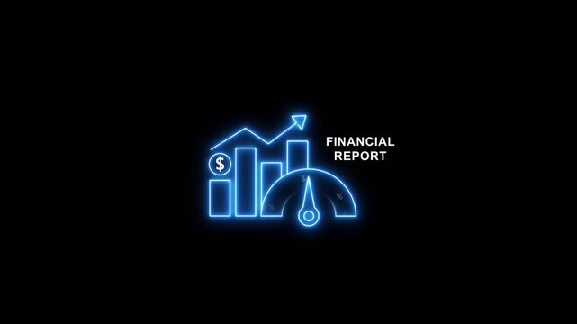 Financial report neon infographic with growing bar chart and speedometer gauge business growth