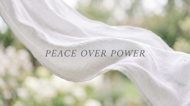 White fabric flowing in the wind with the text peace over power overlayed